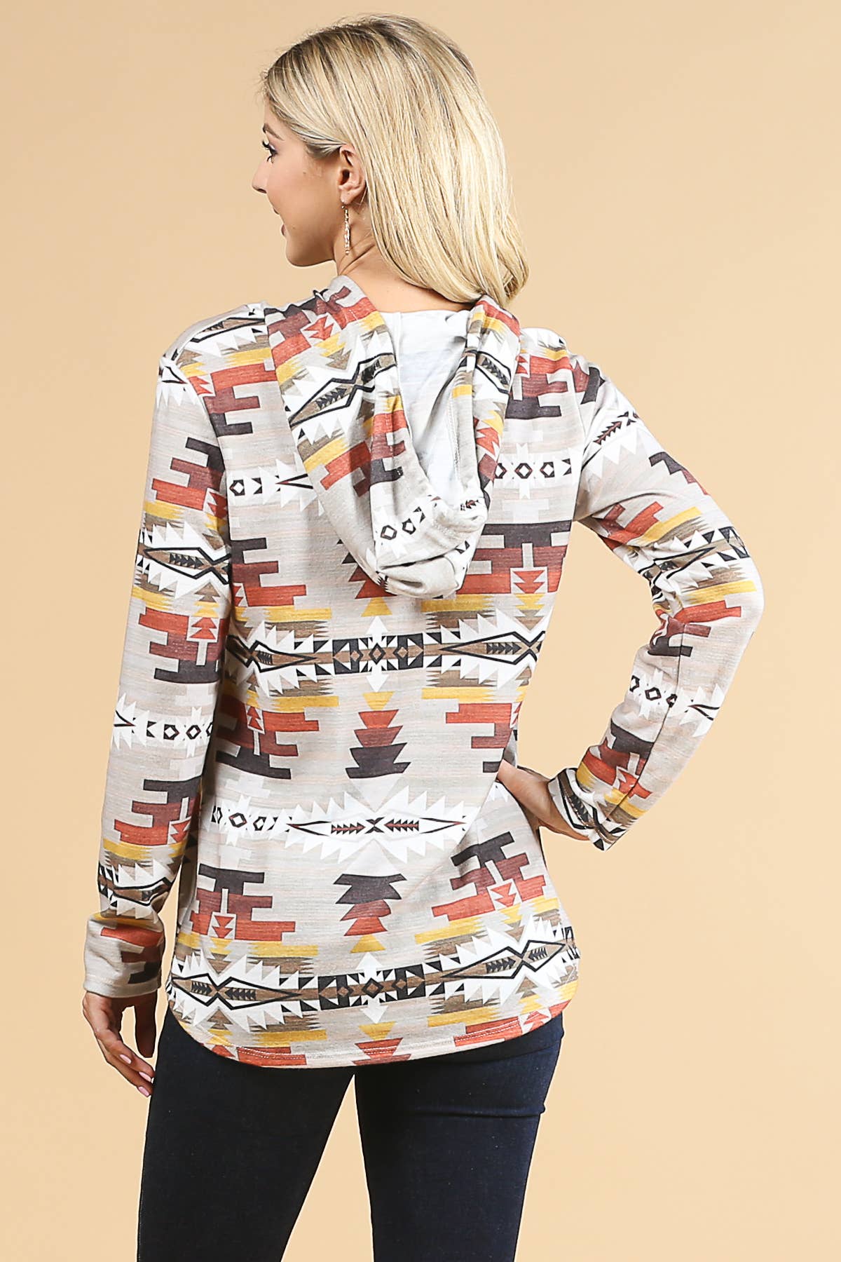 X167-RIAH AZTEC ULTRA SOFT HOODIE: SM / KHAKI/RUST