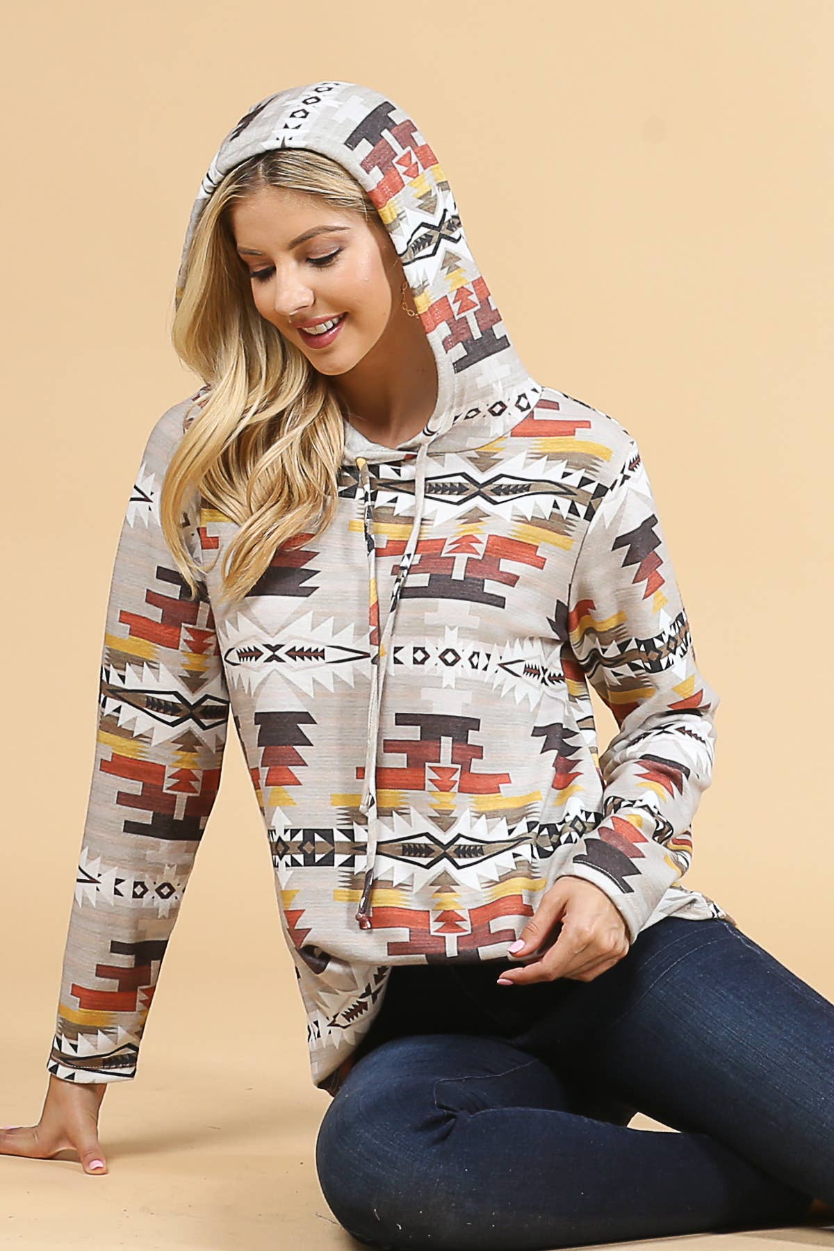 X167-RIAH AZTEC ULTRA SOFT HOODIE: SM / KHAKI/RUST