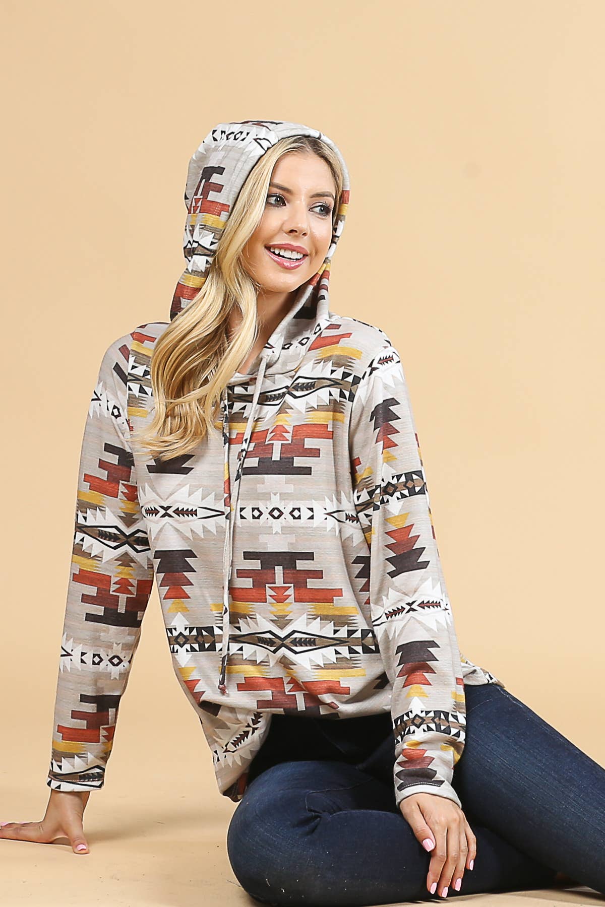 X167-RIAH AZTEC ULTRA SOFT HOODIE: SM / KHAKI/RUST