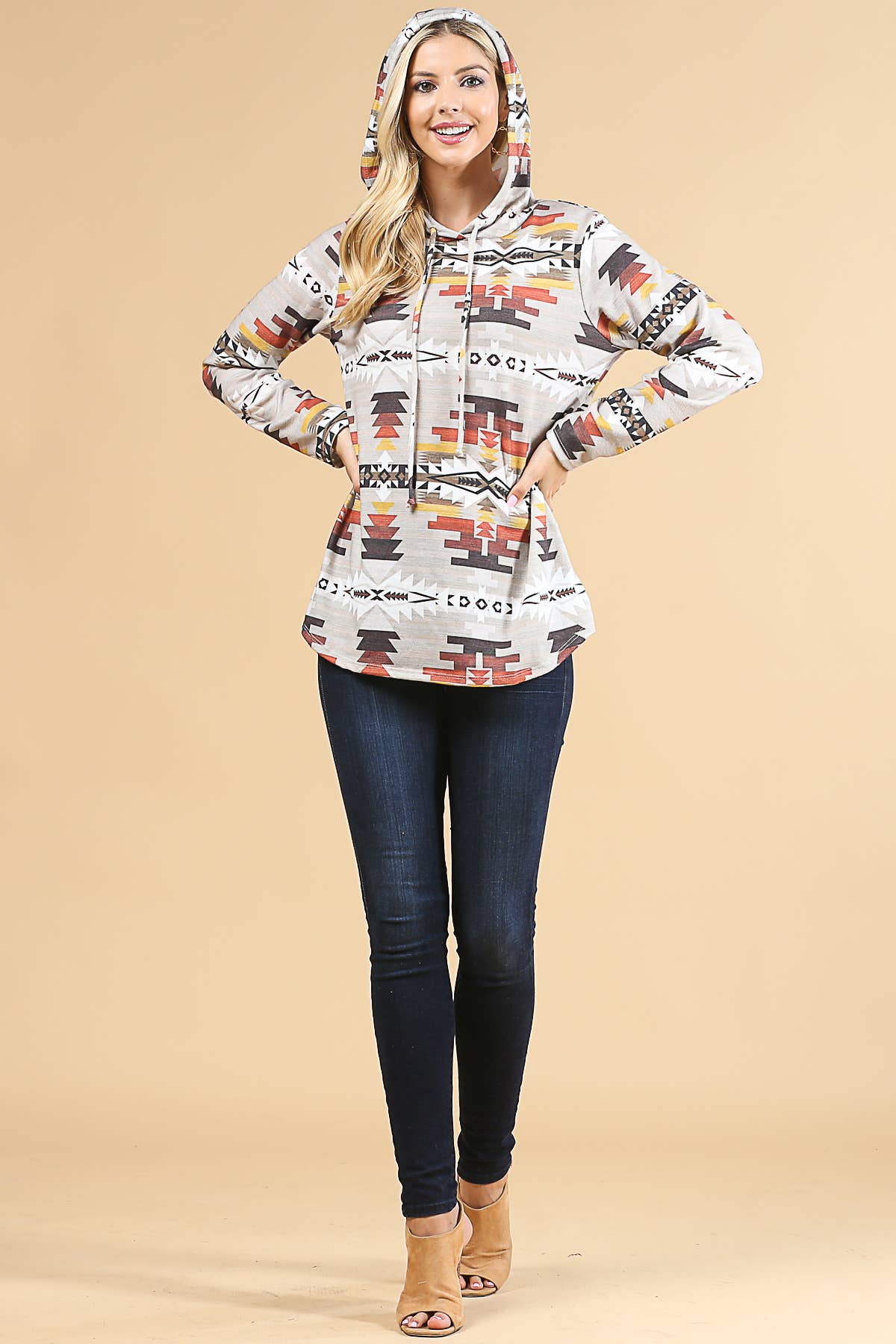 X167-RIAH AZTEC ULTRA SOFT HOODIE: SM / KHAKI/RUST