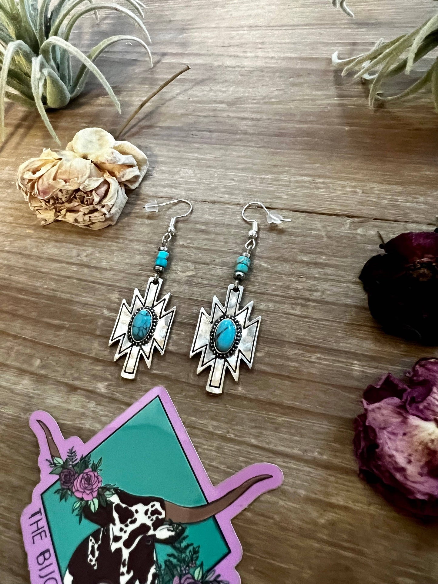 Aztec Turqoise And Magnesite Dangle Earrings