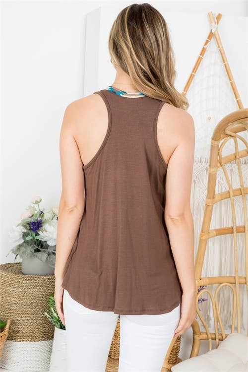 AV1129-PEYTON AZTEC PRINT COLOR BLOCK TOP: BROWN / SM