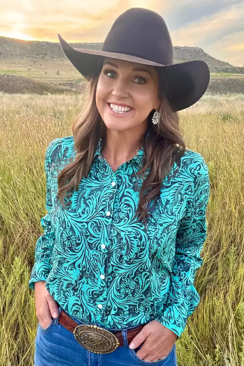 Tooled In Turquoise Button Up